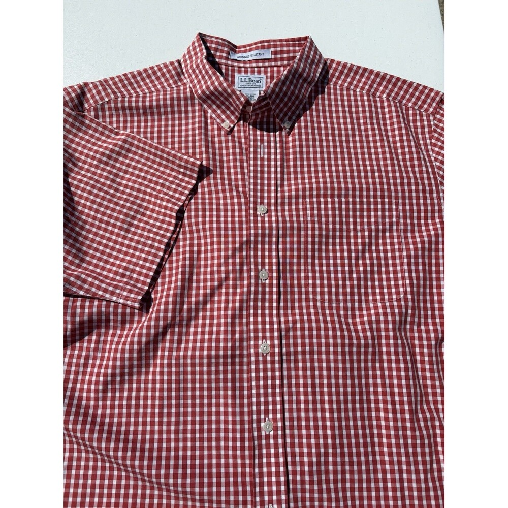 LL Bean Gingham Check Shirt Men's Sz XL Red White Button Wrinkle Resistant